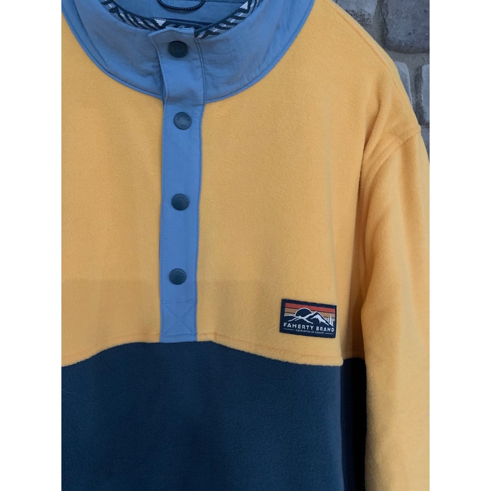 Faherty Brand Mens Fleece Pullover XXL Yellow Navy Gorpcore Retro Streetwear